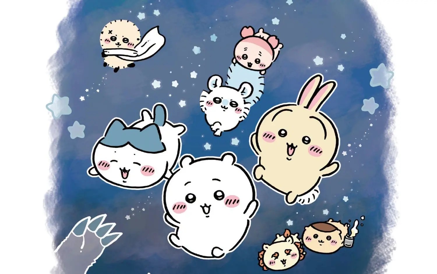 Illustration of Chiikawa characters floating against a starry dark-blue sky
